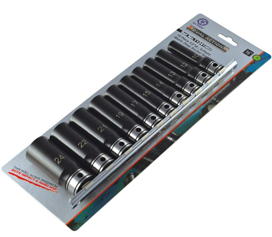 Dual Action 10 Piece 1/2 Drive 6-Point Metric Deep Socket Set 11241002 Socket Set Dual Action