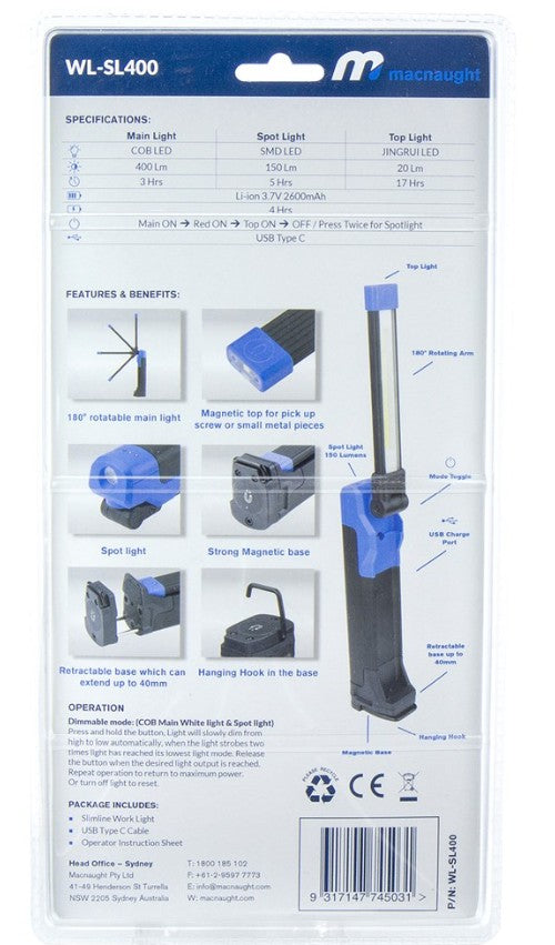 Macnaught Rechargeable LED Slim Line Work Light WL-SL400 Work Light Macnaught