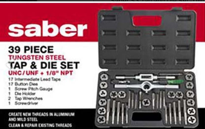 Saber 39 Piece S3 Tap and Die Set - UNC/UNF + 1/8" NPT 8050-S3 wrench Saber