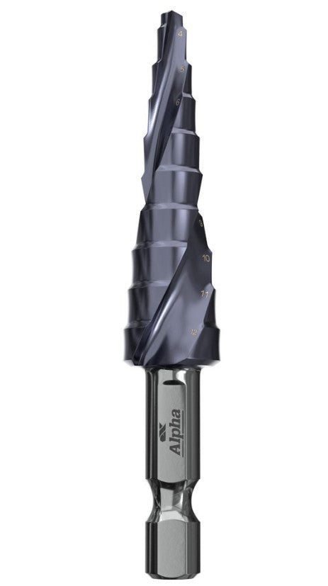 Alpha 4-12mm Onsite Plus Step Drill Spiral Flute 9STQRM4-12SD Drill Bit Alpha