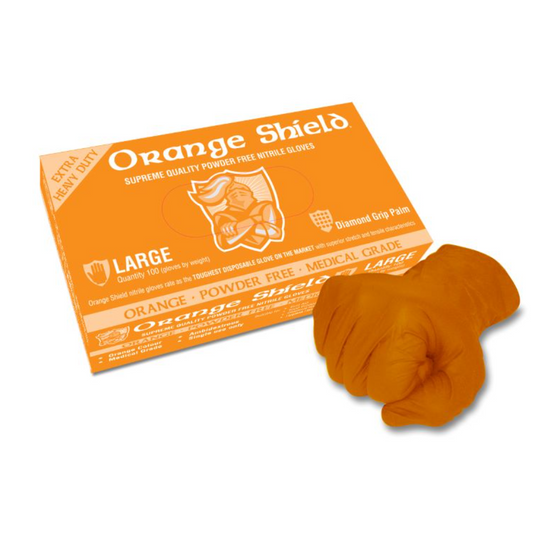 Orange Shield Heavy Duty Nitrile with Diamond Grip Hi Vis Orange Box of 100 Small to XXL GNO208 Gloves Maxisafe