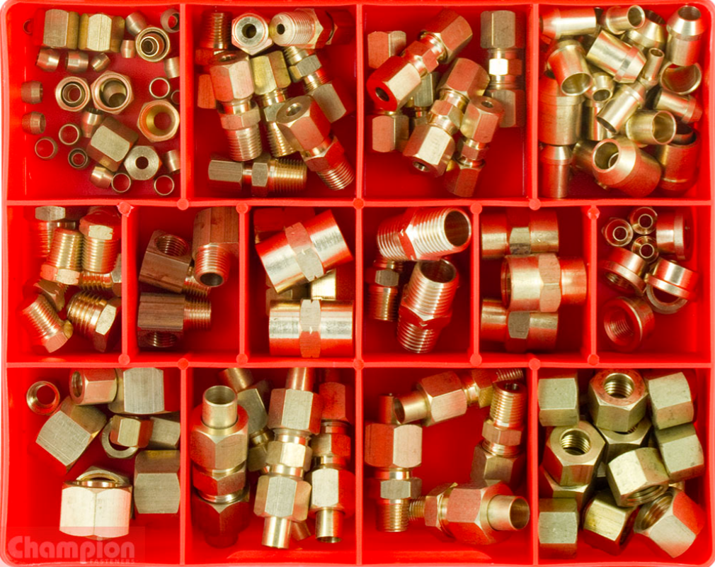 Champion Industrial/Auto Brass Fittings Assortment 4 Sizes 155 Pieces CA178 Brass Fittings Champion