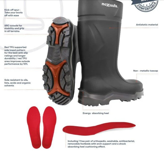 Maxisafe XtremeGrip Black Polyurethane Gumboots Composite Toecap Size 4 FWS804 GumBoots Maxisafe