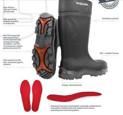Maxisafe XtremeGrip Black Polyurethane Gumboots Composite Toecap Size 4 FWS804 GumBoots Maxisafe