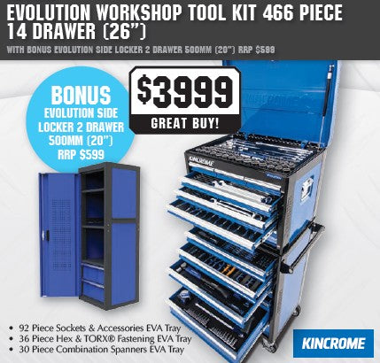 Kincrome 466P EVOLUTION 26" 14D Workshop Toolbox - BONUS K7959 EVOLUTION Side Locker 2 Drawer 500mm (20”) K1228B Toolbox Kincrome