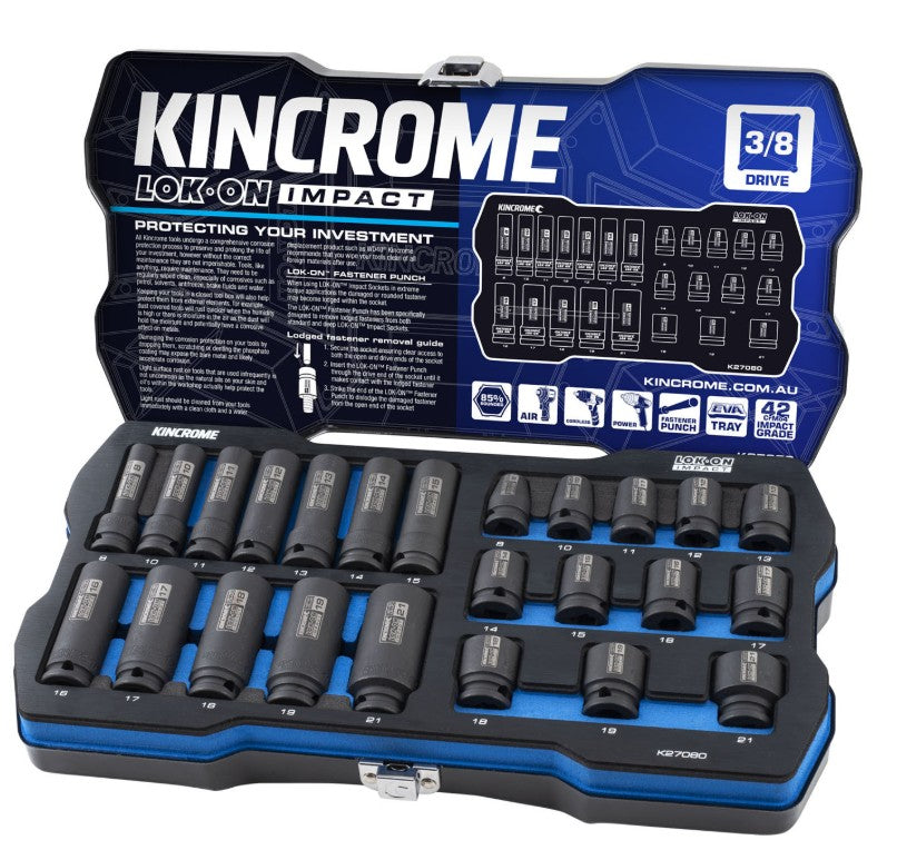 Kincrome LOK-ON Standard & Deep Impact Socket Set 24 Piece 3/8" Drive Metric K27080 Socket Set Kincrome