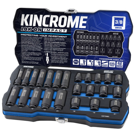 Kincrome LOK-ON Standard & Deep Impact Socket Set 24 Piece 3/8" Drive Metric K27080 Socket Set Kincrome