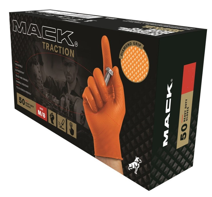 Mack Traction Nitrile Disposable Glove Box of 50 ORANGE Small to 2X Large MKGTRACTI00 Gloves Mack