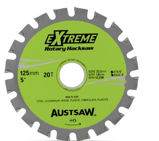 Austsaw 25mm (5in) Rotary Hacksaw Blade 22.2mm Bore 20 Teeth RHS12522220 Multicut Blades Austsaw