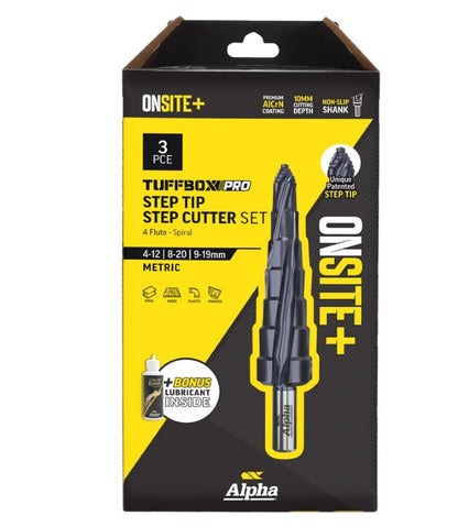 Alpha 3 Piece Onsite Plus Step Cutter Tuffbox Pro Set Bonus Lubricant SM3STDSD-B Drill Step Alpha