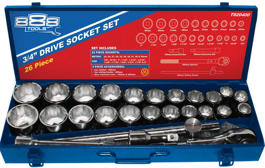SP Tools 3/4"Dr Socket Set - 12pt Metric/SAE 888 Series 26pc T820400 Socket Set SP Tools
