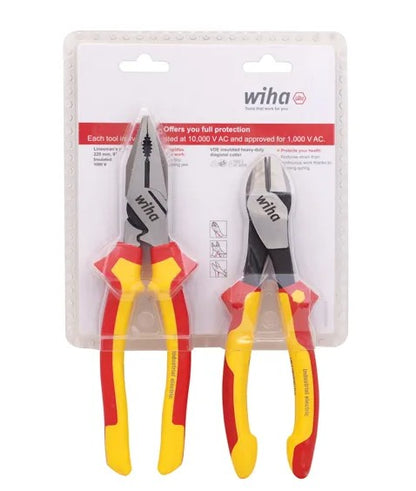 WIHA 2 Piece Plier Set, 41250 220mm Lineman's Pliers & 26754 200mm Side Cutters, VDE 1000V Insulated WH-41926 Plier and Cutters WHIA