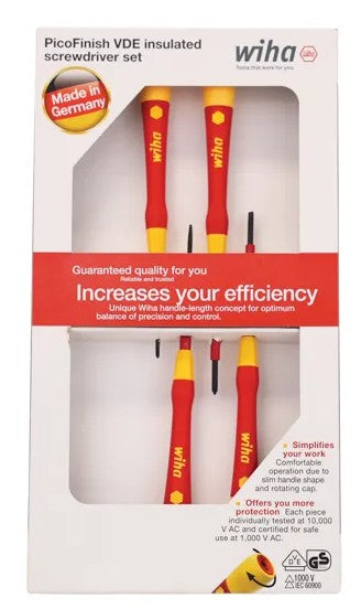 WIHA 4 Piece Fine Screwdriver Set, Picofinish, Slotted & Phillips, Vde 1000v Insulated WH-44847 screwdriver set WHIA