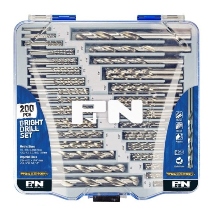 P&N 200 Pce Jobber Drill Set 1-12mm & 5/64-1/2Inch Met & Imp HSS-Bright 165399200 Drill Sets P&N