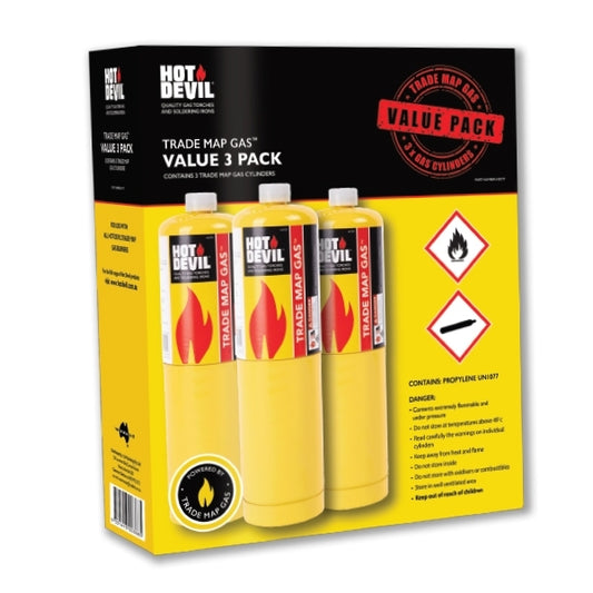 Hot Devil Trade Map Gas Value 400gm - 3 Pack HDTP Butane Gas Hot Devil