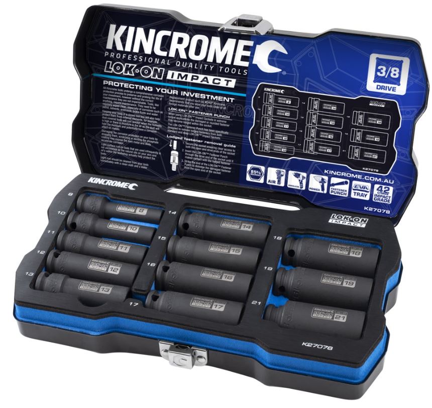 Kincrome LOK-ON Deep Impact Socket Set 12 Piece 3/8" Drive Metric K27078 socket Kincrome