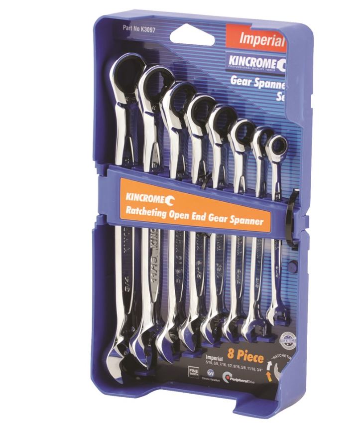 Kincrome Ratcheting Open End Gear Spanner Set 8 Piece Imperial K3097 Spanner Kincrome